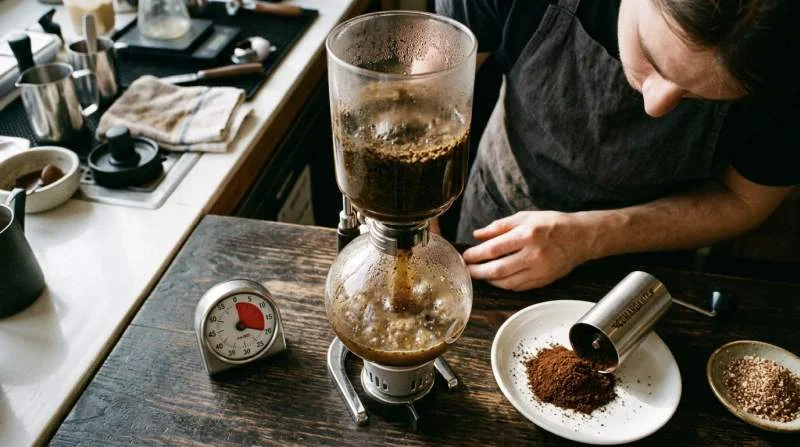 Grumligt sifonkaffe i glasbryggare orsakat av för fin malning