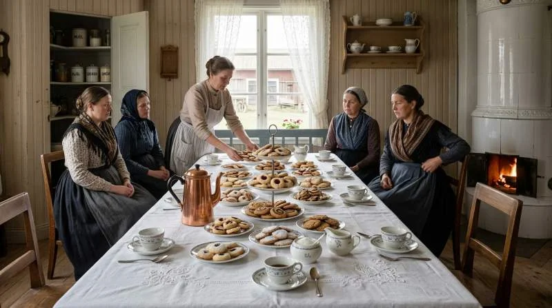 Svenskt kaffebord med sju sorters hembakade kakor