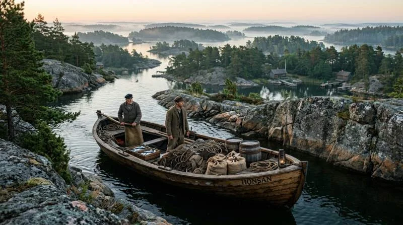 Fiskebåt passerar smala sund i Stockholms skärgård