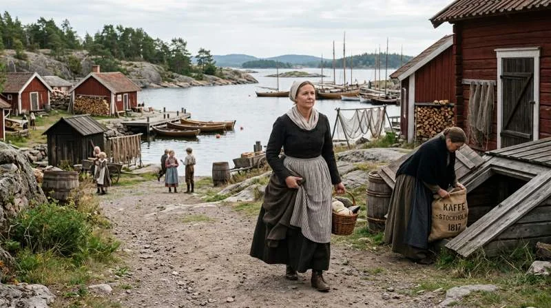 Skärgårdskvinnor döljer kaffe under vida kjolar under förbudstidens smuggling