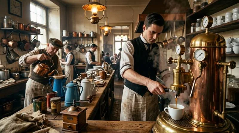 Snabb kaffeextraktion från Bezzera-maskin bredvid traditionell långsam bryggning med filter