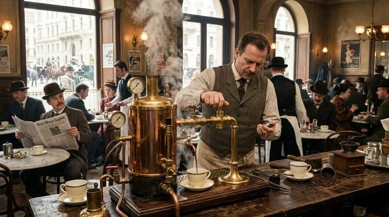Luigi Bezzera testar sin ångdrivna espressomaskin i Milano 1901