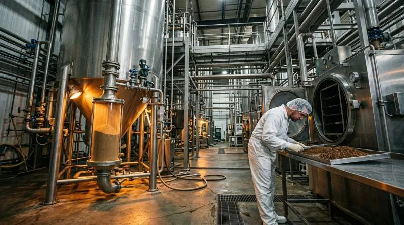 Tekniker granskar snabbkaffegranulat vid industriell torkningsutrustning