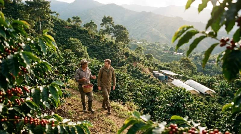 Kaffebonde och rosterirepresentant samtalar bland kaffeplantor i Colombia