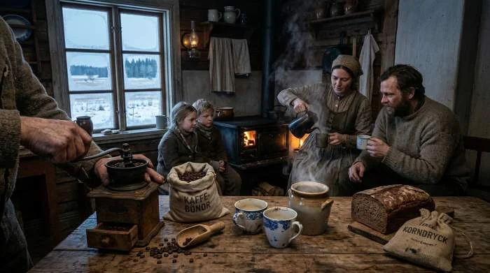 Bönder dricker kaffe i kök