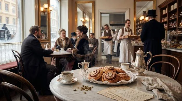 Varma kanelbullar på marmorbord