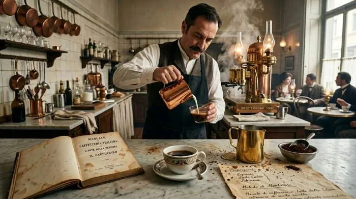 Tidigt italienskt cappuccinorecept och mjölkskum