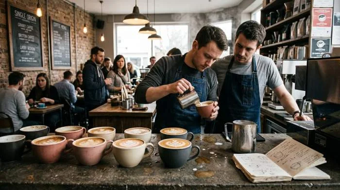 Barista häller mjölk i espresso