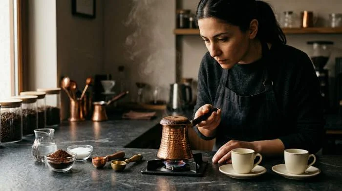 Kaffemästare brygger turkiskt kaffe i cezve över låg värme
