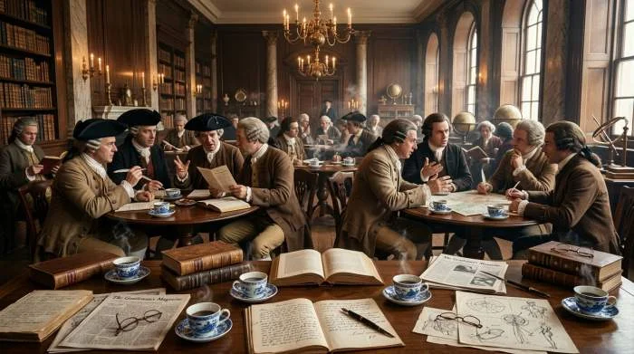Filosofer diskuterar över kaffe i ett europeiskt kaffehus under upplysningen