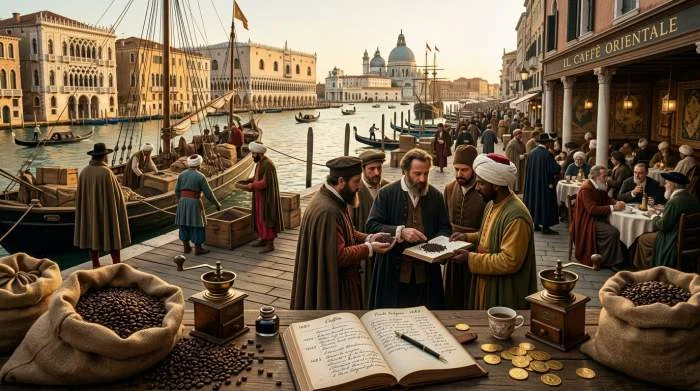 Kaffehandel i Venedig 1720 med handelsmän och kaffebönor