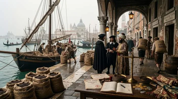 Venetianska köpmän lossar ottomanskt kaffe vid Canal Grande