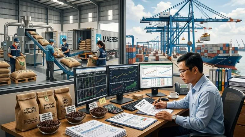 Vietnamkarta visar kaffeproduktion och prisutveckling mot rekordexport på 8,92 miljarder dollar 2025