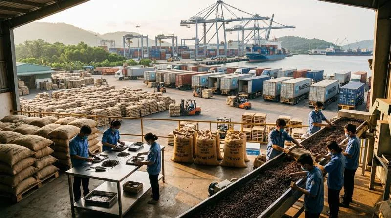 Robustakaffe förbereds för export i ett vietnamesiskt logistikcenter