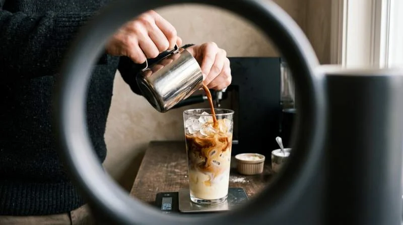 Krämig espressoblandning hälls över nugget-is