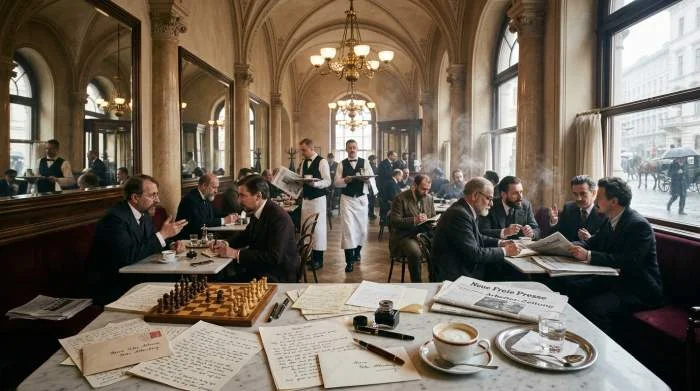 Författare skriver vid marmorbord på Café Central i Wien