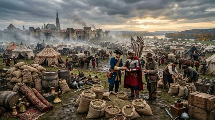 Övergivna kaffesäckar utanför Wien efter den osmanska belägringen 1683