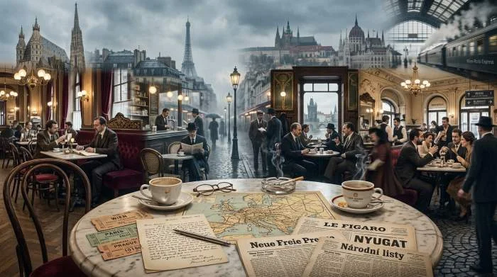 Europeiska intellektuella reser mellan kaffehus i Wien Paris och Prag