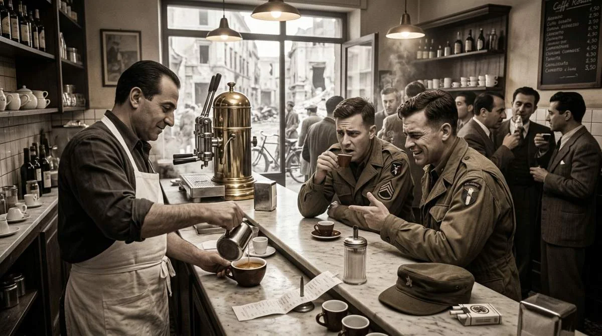Amerikanska soldater dricker utspädd espresso i italienskt kafé efter kriget