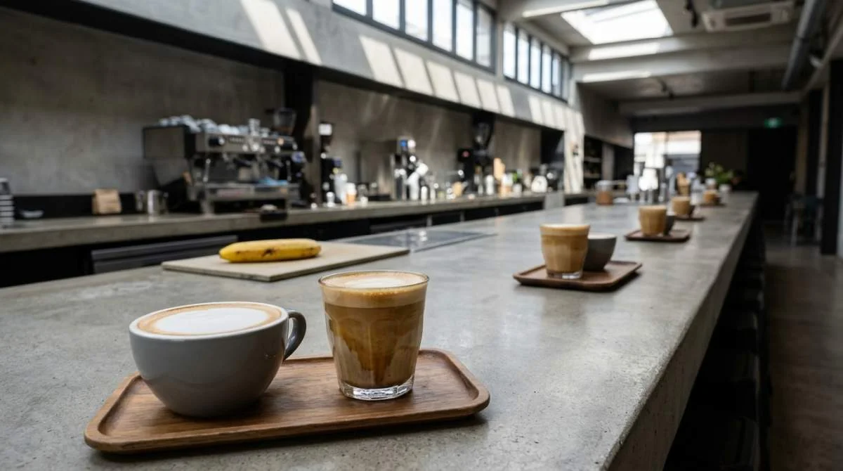 Banankaffe och klassisk flat white på en kafédisk