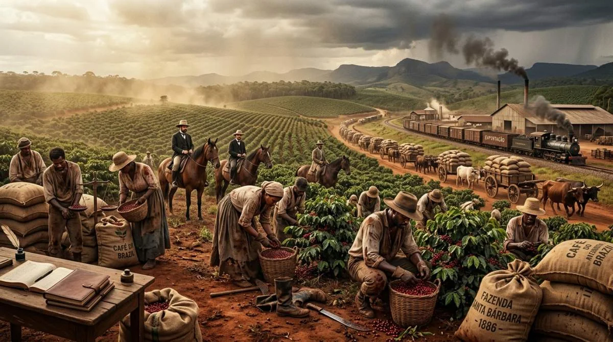 Kaffearbetare på enorm brasiliansk kaffeplantage under 1800-talet