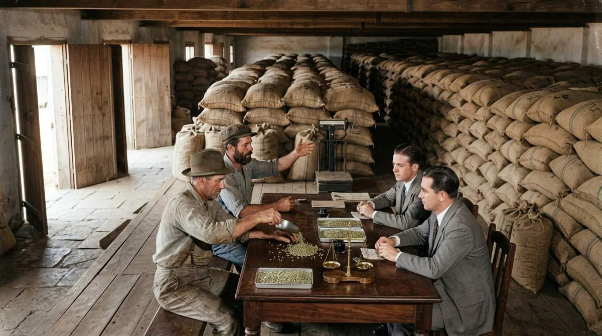 Brasilianska kaffebönder förhandlar bland säckar med gröna kaffebönor