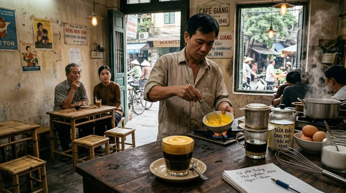Cà phê trứng serveras i ett kafé i Hanoi 1946