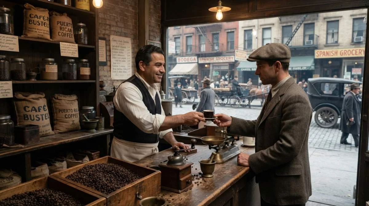 Kaffehandlare serverar starkt kaffe i New York år 1928