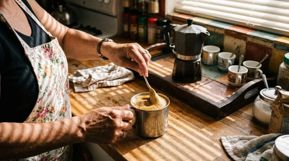 Espresso och socker vispas till espumita i en liten kopp
