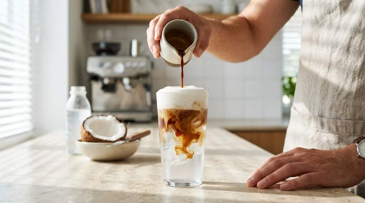 Espresso hälls över Cloud Coffee med kokosvatten