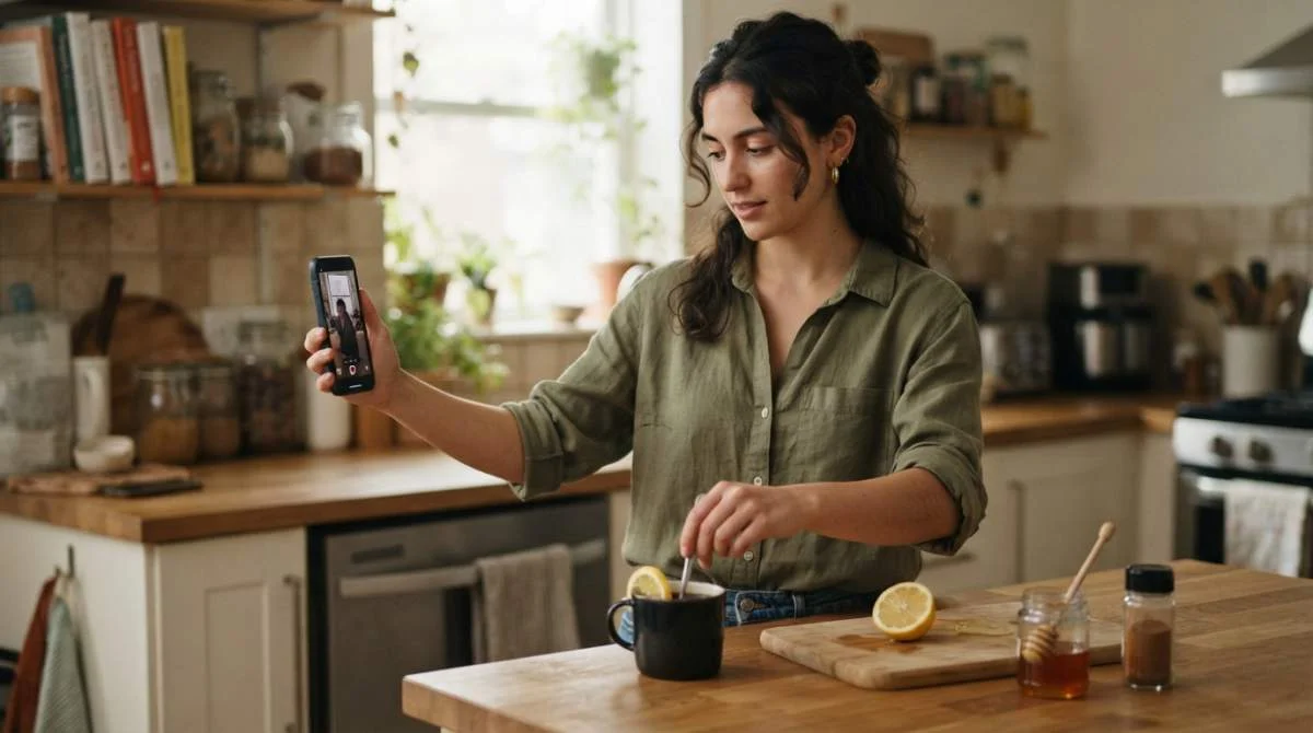 Kvinna rör svart kaffe med citron, honung och kanel i köket