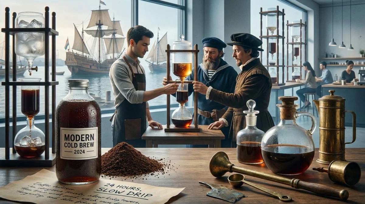 Cold brew-kaffe och historiska bryggmetoder sida vid sida