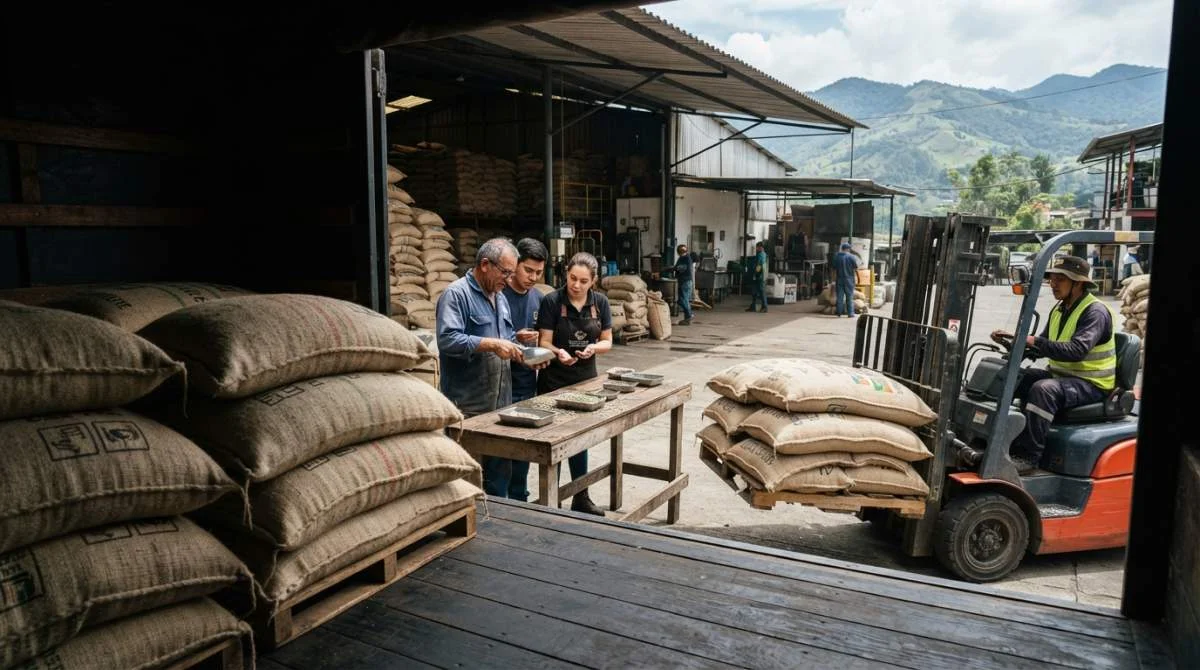Säckar med grönt kaffe lossas vid ett colombianskt kafferosteri