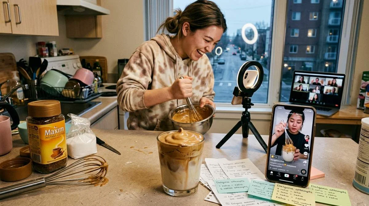 Dalgona-kaffe vispas hemma under viral internettrend