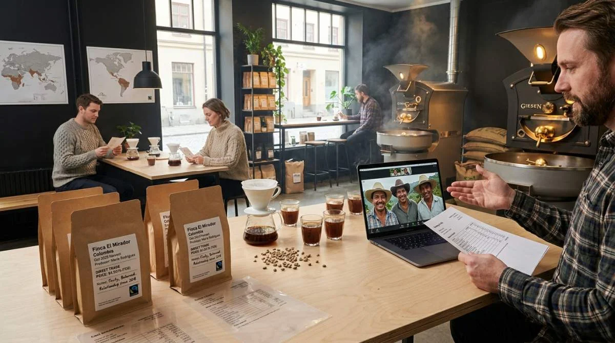 Svenskt specialkaffe visar transparent Direct Trade och Fairtrade-information