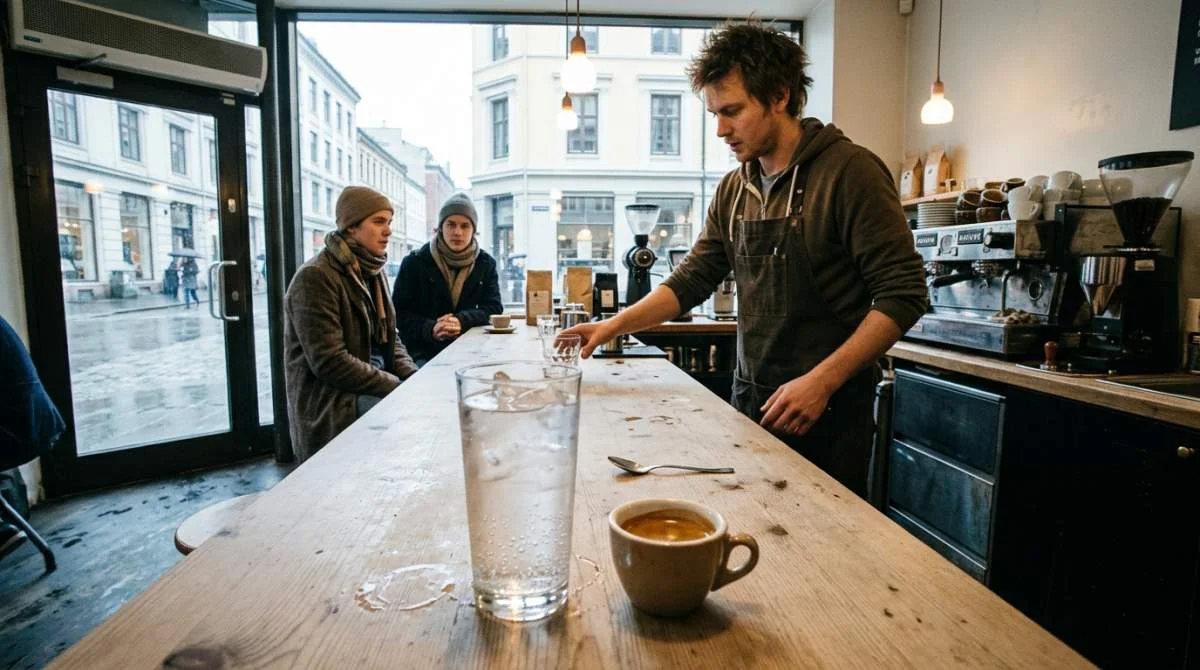 Barista förbereder espresso och tonic med is på ett kafé