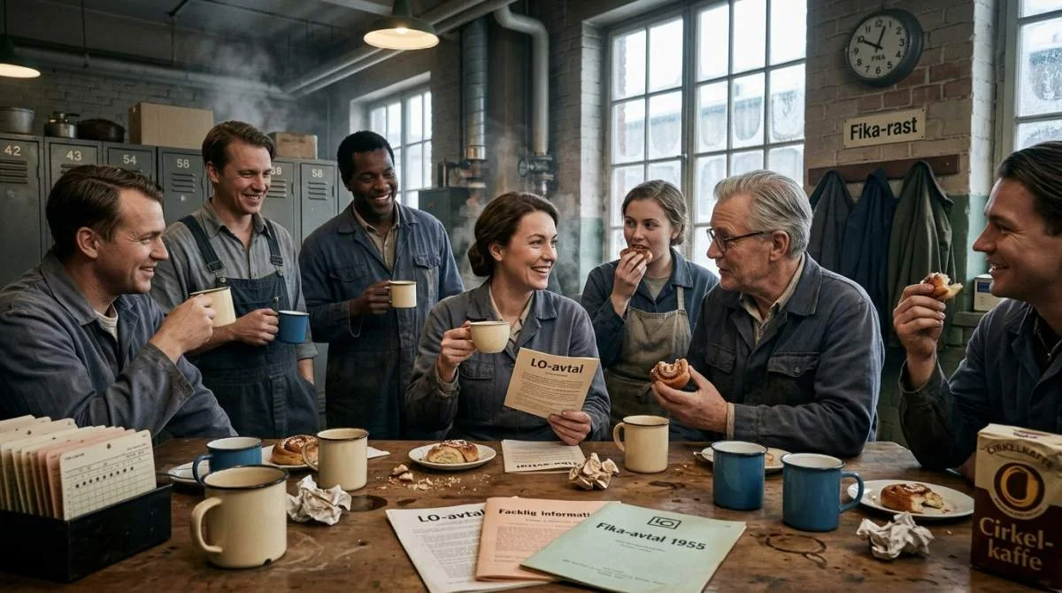 Svenska fabriksarbetare tar fika under officiell kaffepaus