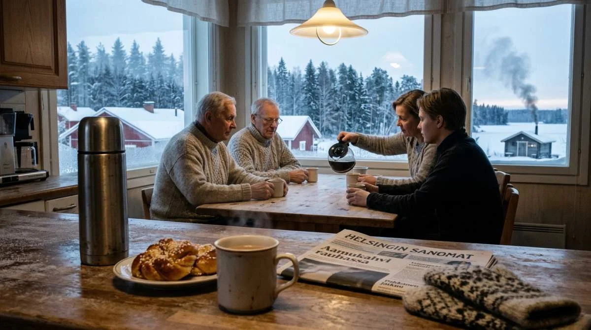 Finsk familj dricker filterkaffe under vintermorgon i Lappland