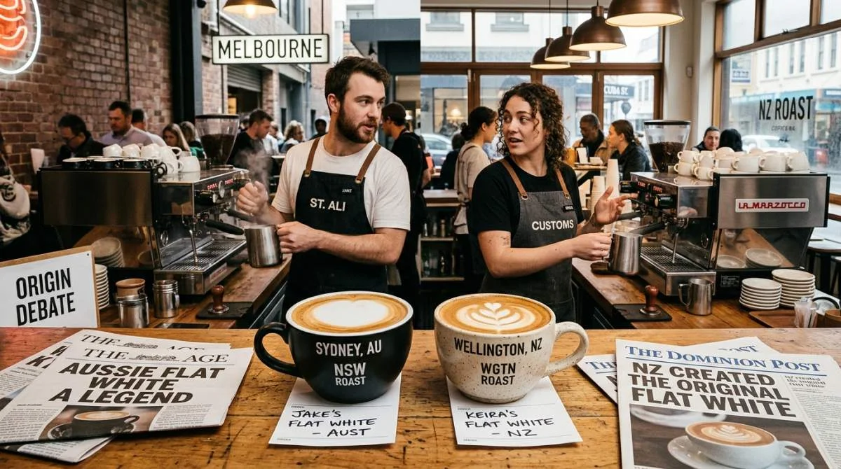 Två flat white-kaffar på kafédisk i Sydney och Wellington