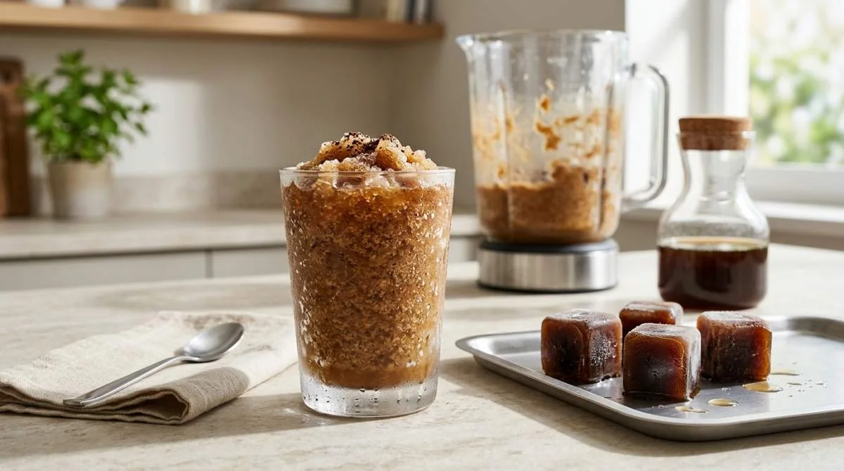 Fryst kaffeslush hälls upp i kallt glas