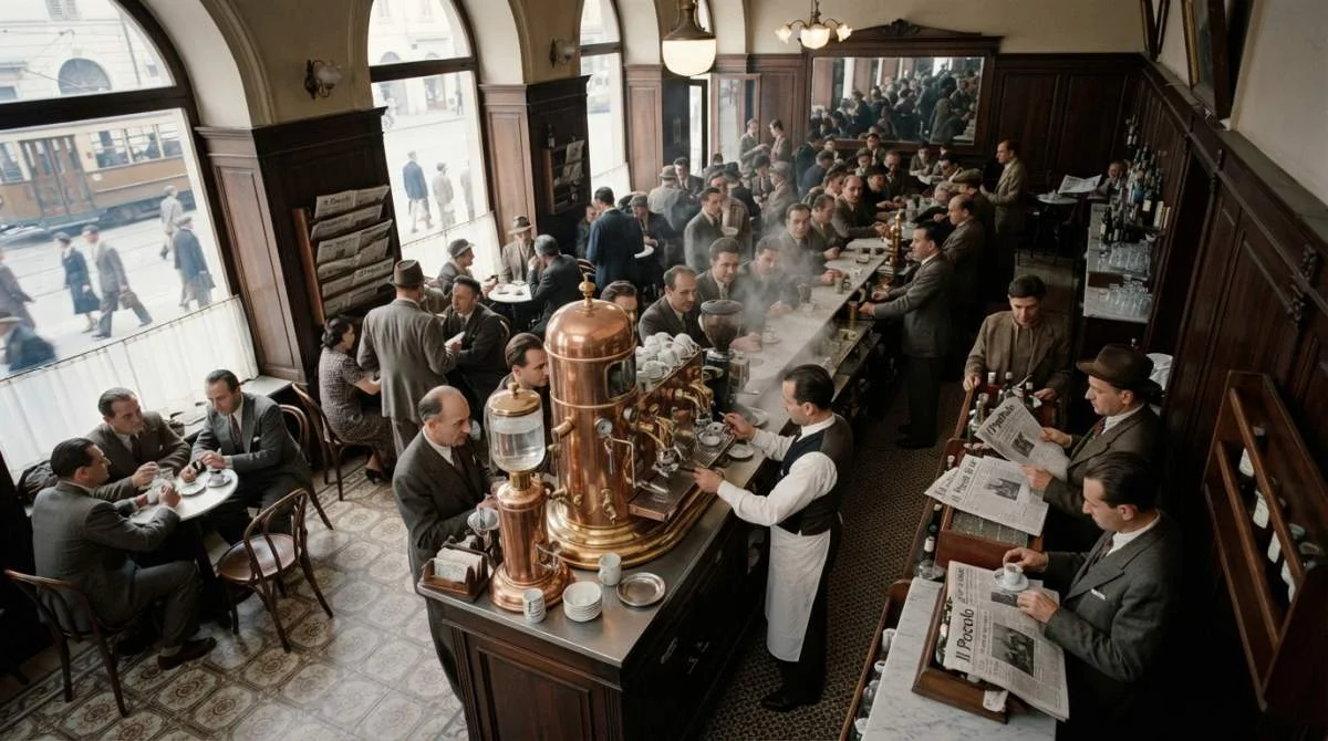Barista arbetar vid en tidig espressomaskin på ett kafé 1933