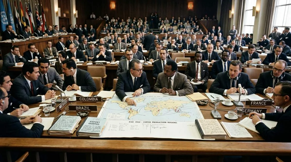 Internationella delegater förhandlar vid konferensbord 1962