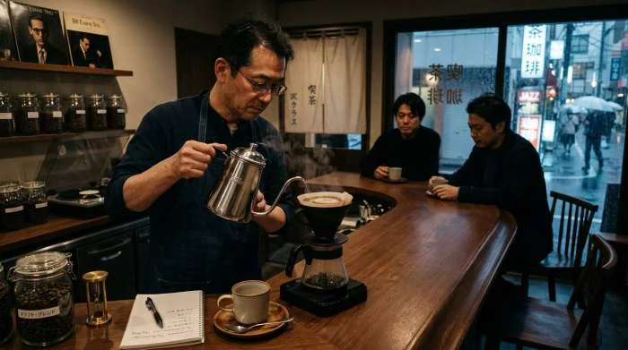 Japansk kaffemästare brygger pour-over med exakt precision i Tokyo