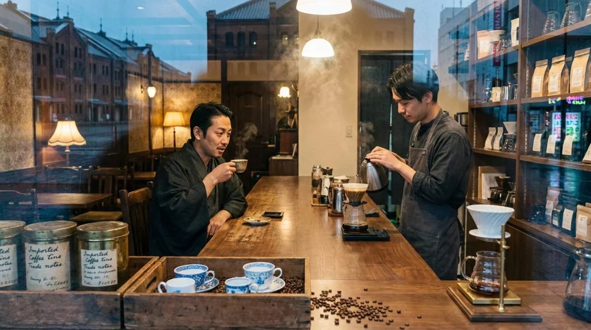 Japansk barista brygger pour-over bredvid historiska kaffeföremål