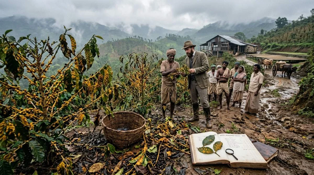 Kafferost angriper en kaffeplantage på Ceylon år 1869