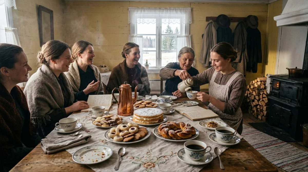 Traditionellt kafferep med sju sorters kakor på svensk landsbygd