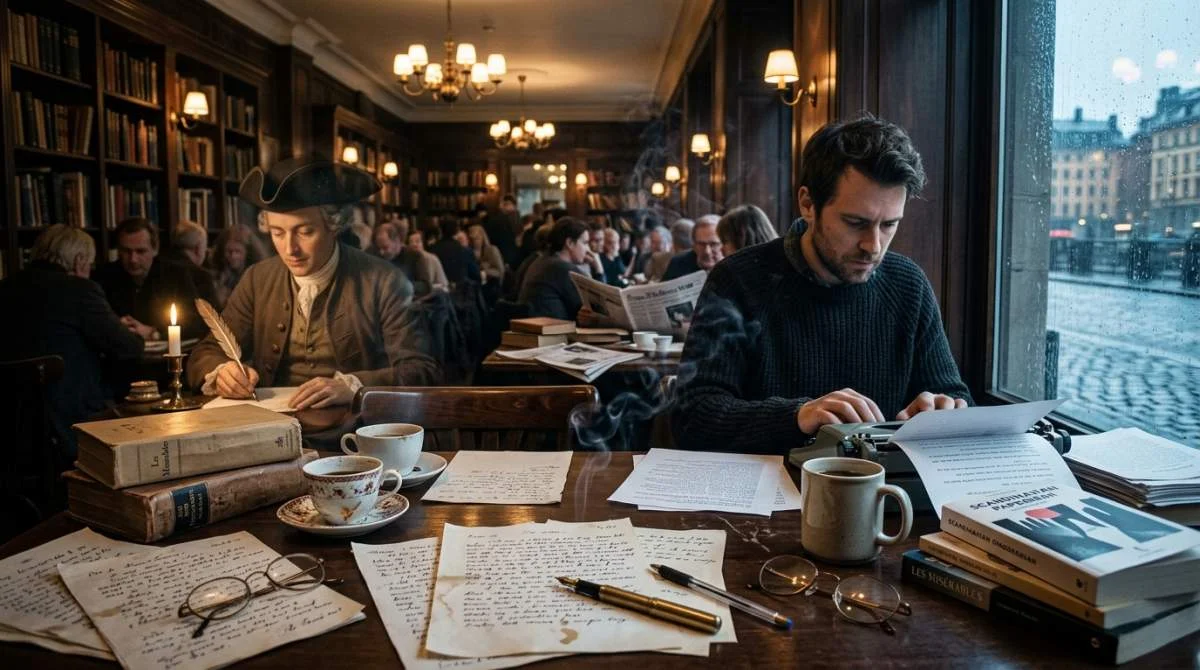 Författare skriver med kaffe i litterära kafémiljöer genom historien
