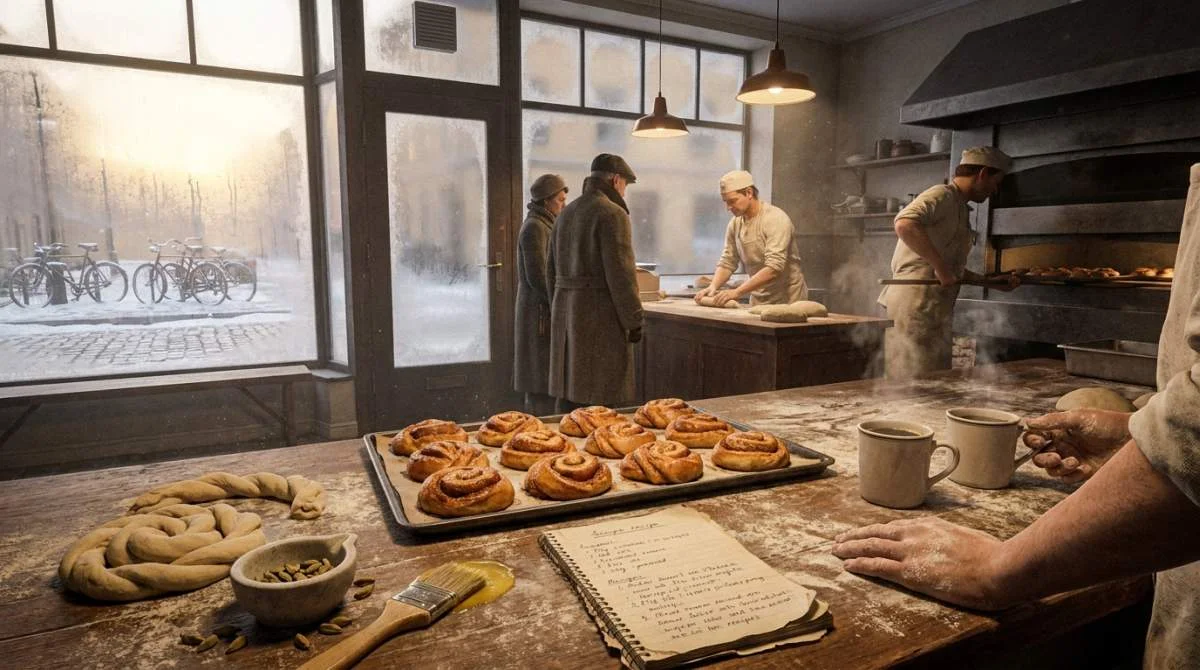 Nybakade kanelbullar svalnar på träbord