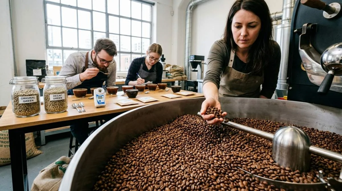 Koffeinfritt kaffe provas i modernt rosteri