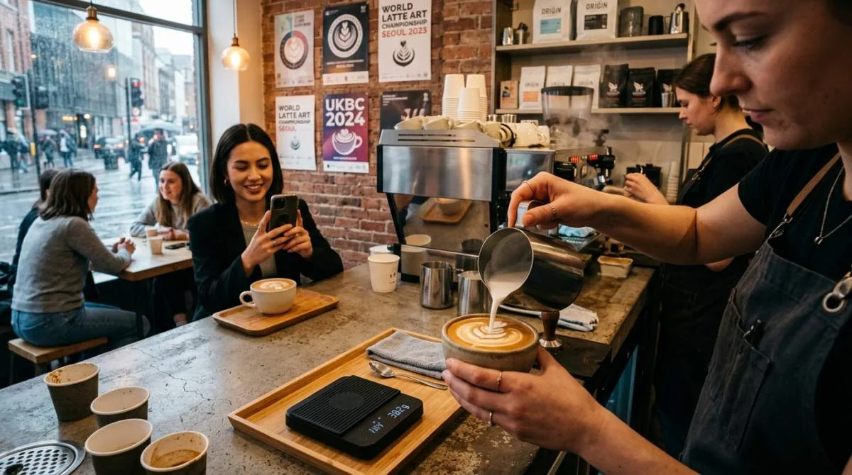 Rosettmönster formas i varm latte